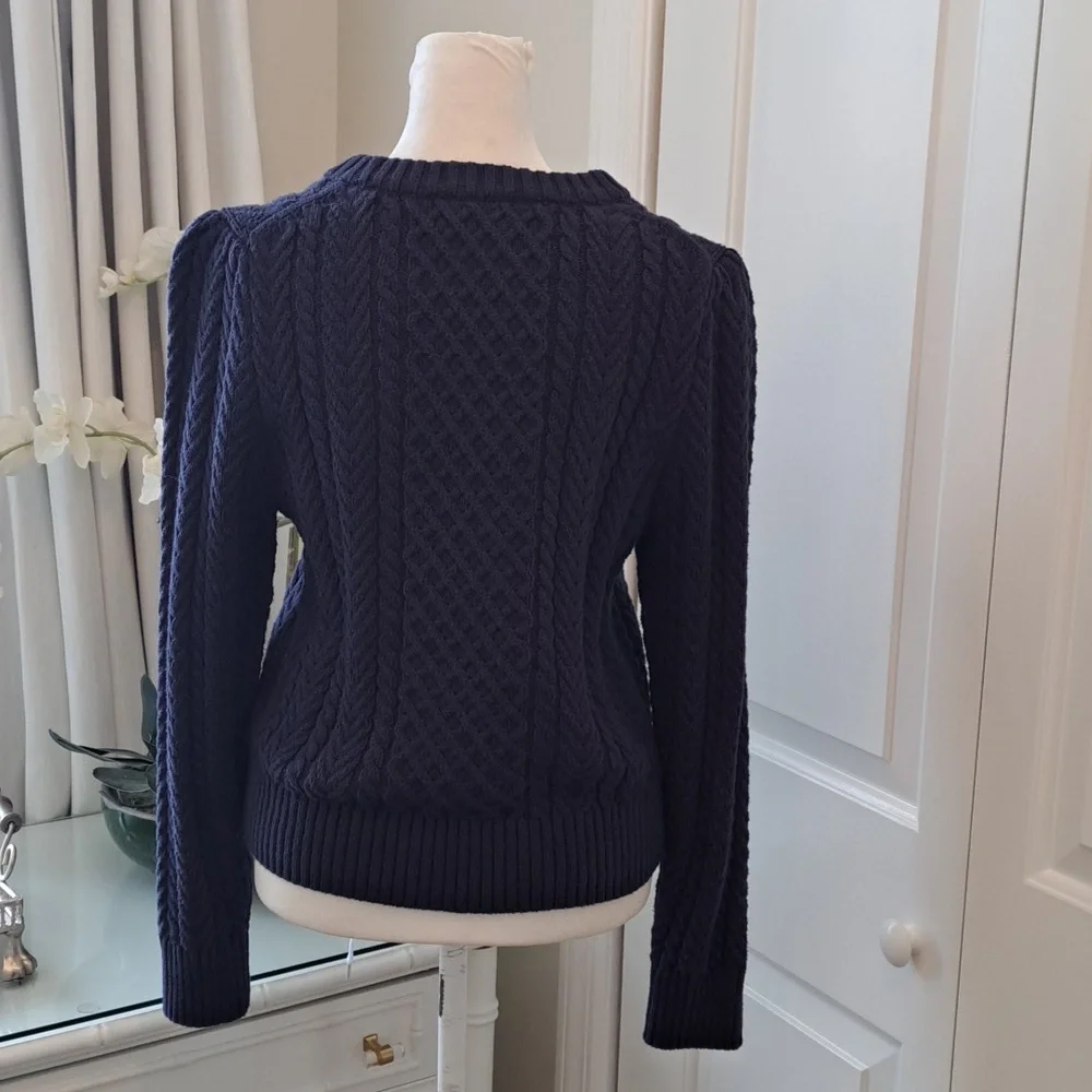 J.Crew‎ Womens Navy Cableknit Crewneck Pullover Sweater Puff Sleeves MED - Picture 3 of 7